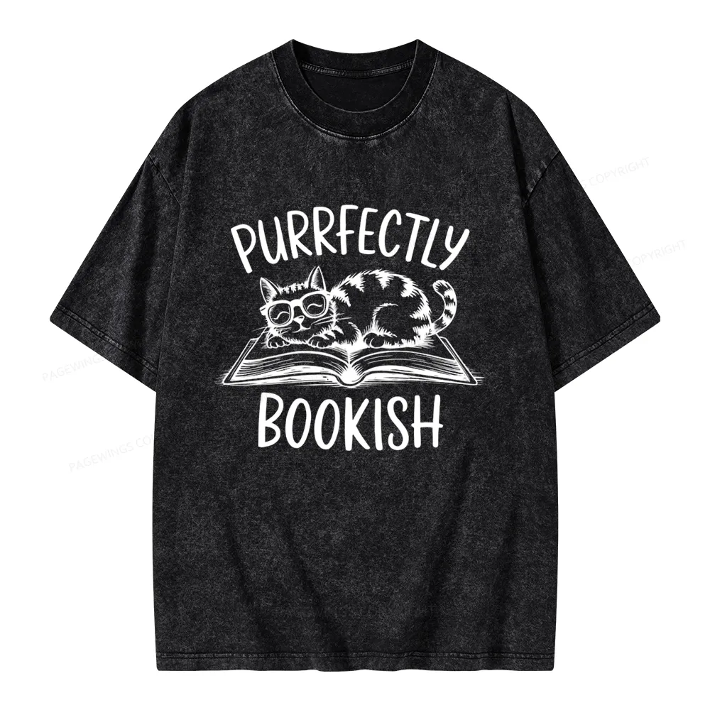 Pagewings Purrfectly Bookish Cat Unisex Washed T-shirt