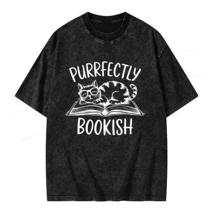 Pagewings Purrfectly Bookish Cat Unisex Washed T-shirt