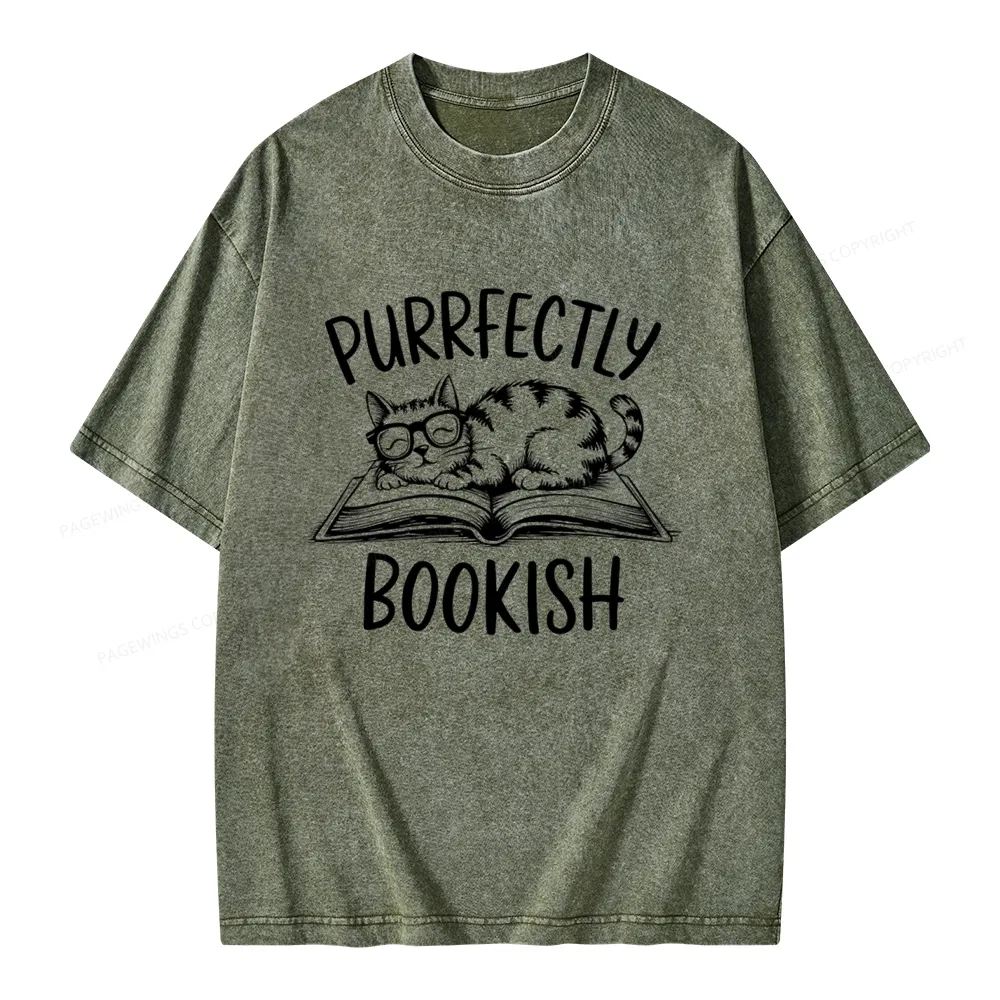 Pagewings Purrfectly Bookish Cat Unisex Washed T-shirt