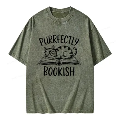 Pagewings Purrfectly Bookish Cat Unisex Washed T-shirt