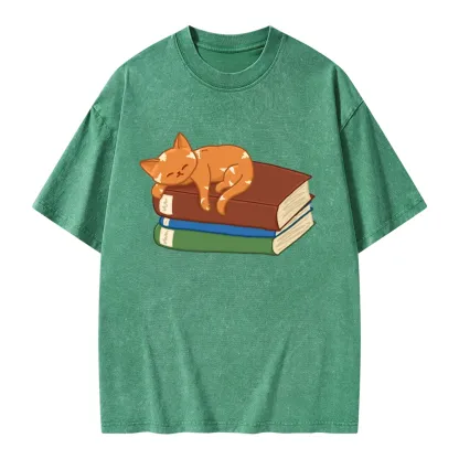 Pagewings Orange Book Cat Unisex Washed T-shirt