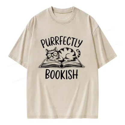 Pagewings Purrfectly Bookish Cat Unisex Washed T-shirt