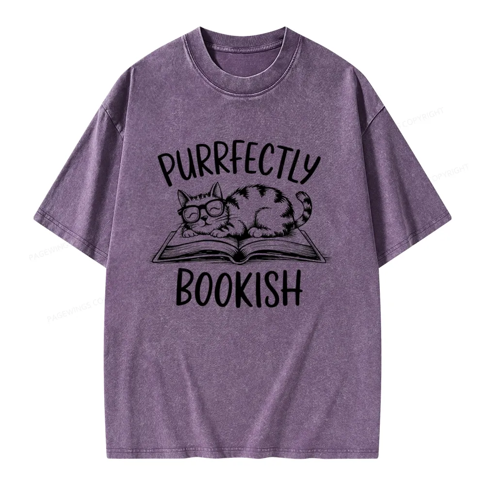 Pagewings Purrfectly Bookish Cat Unisex Washed T-shirt