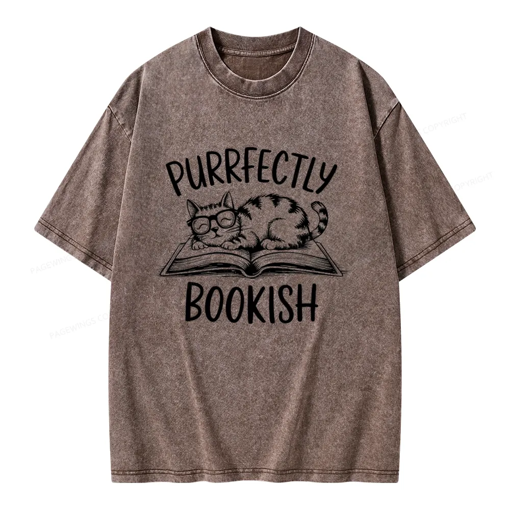 Pagewings Purrfectly Bookish Cat Unisex Washed T-shirt