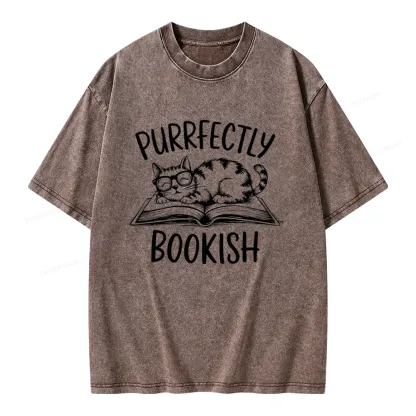 Pagewings Purrfectly Bookish Cat Unisex Washed T-shirt