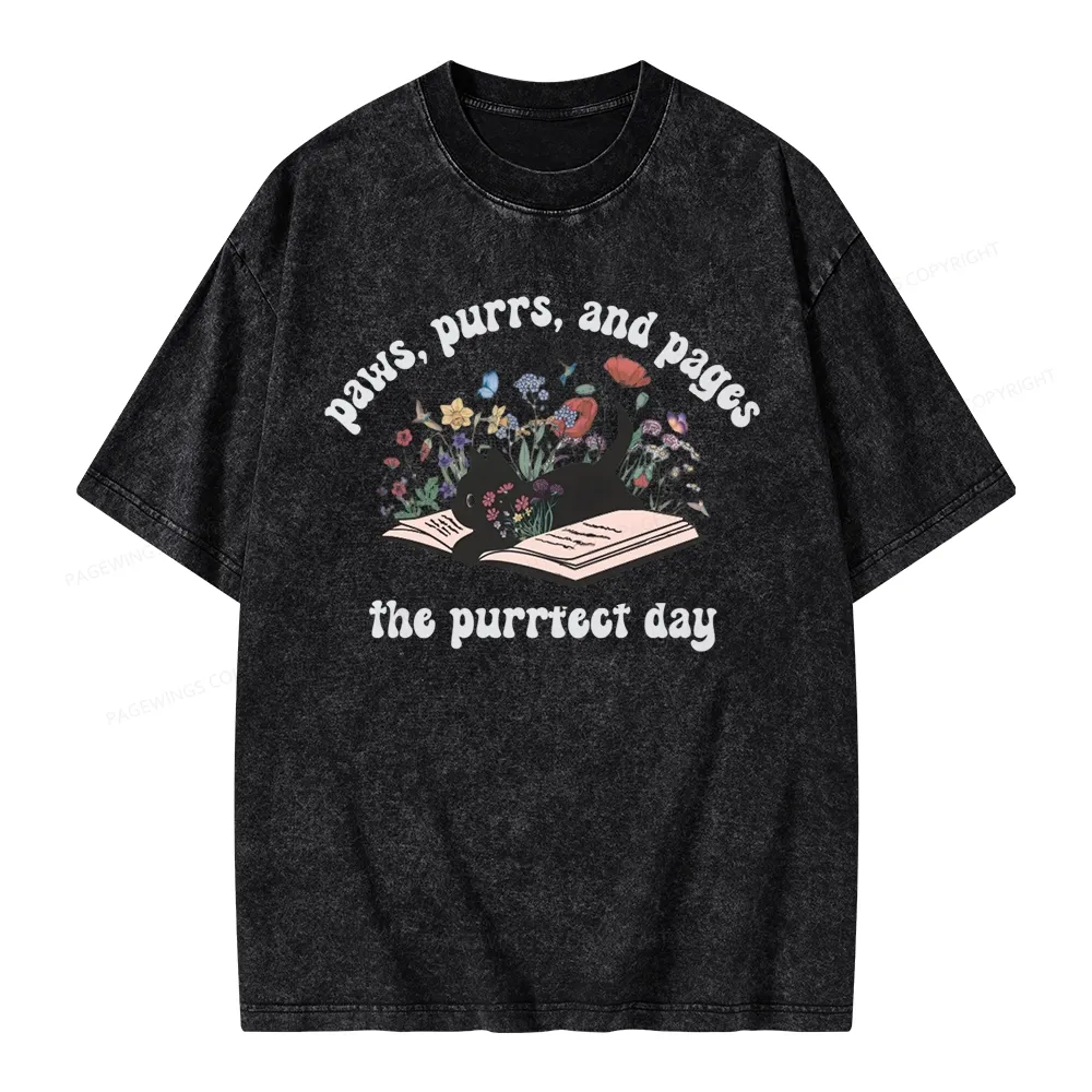Pagewings Paws Purrs Pages Floral  Unisex Washed T-shirt
