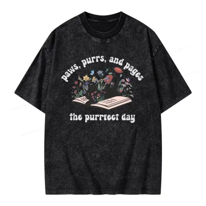 Pagewings Paws Purrs Pages Floral  Unisex Washed T-shirt