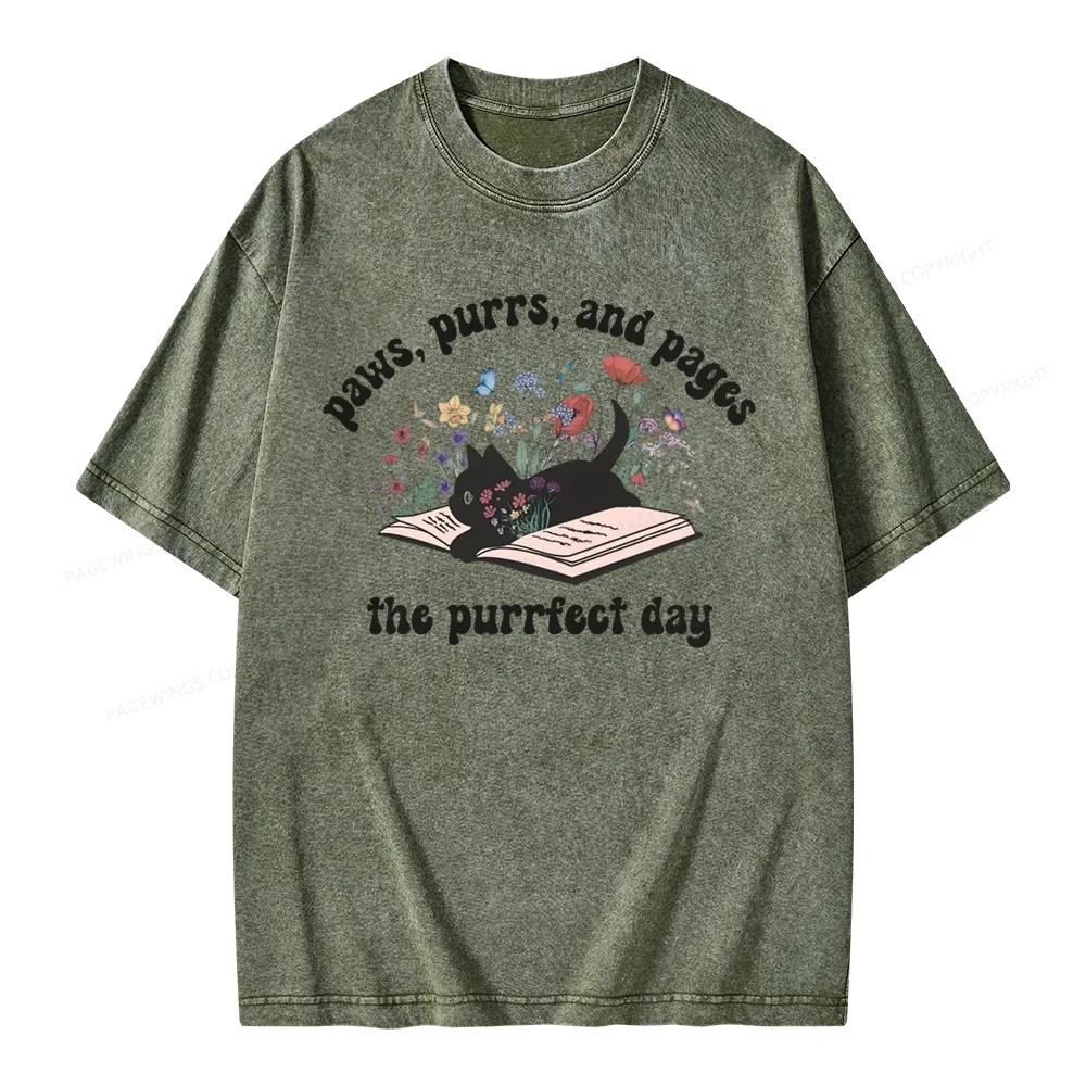 Pagewings Paws Purrs Pages Floral  Unisex Washed T-shirt