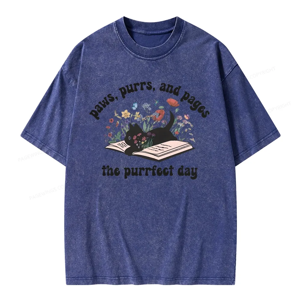 Pagewings Paws Purrs Pages Floral  Unisex Washed T-shirt