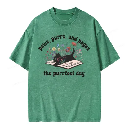 Pagewings Paws Purrs Pages Floral  Unisex Washed T-shirt
