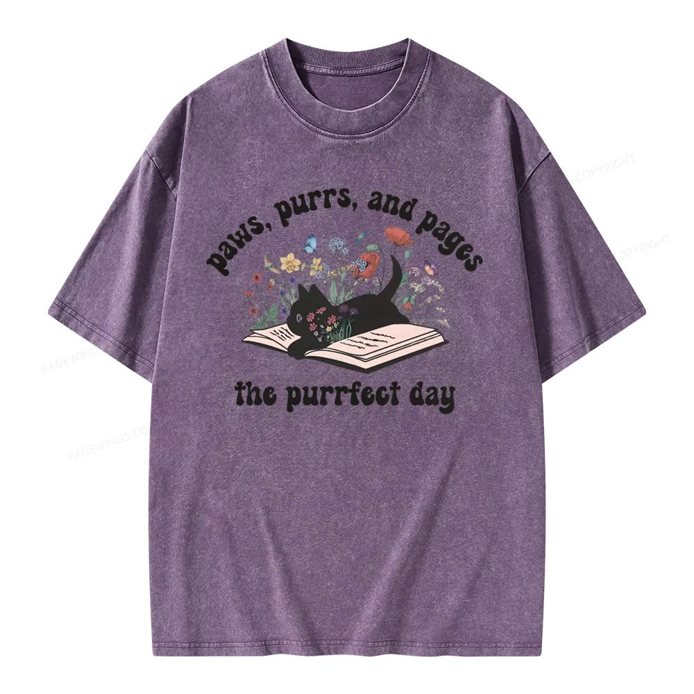 Pagewings Paws Purrs Pages Floral  Unisex Washed T-shirt