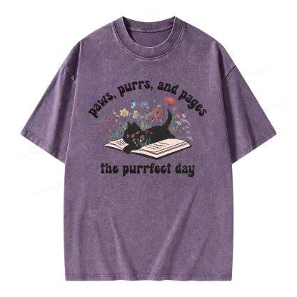 Pagewings Paws Purrs Pages Floral  Unisex Washed T-shirt