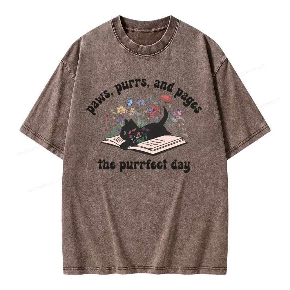 Pagewings Paws Purrs Pages Floral Unisex Washed T-shirt