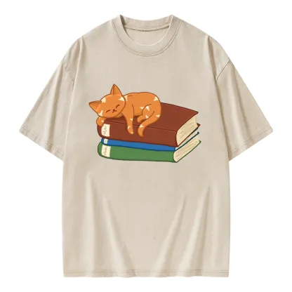 Pagewings Orange Book Cat Unisex Washed T-shirt