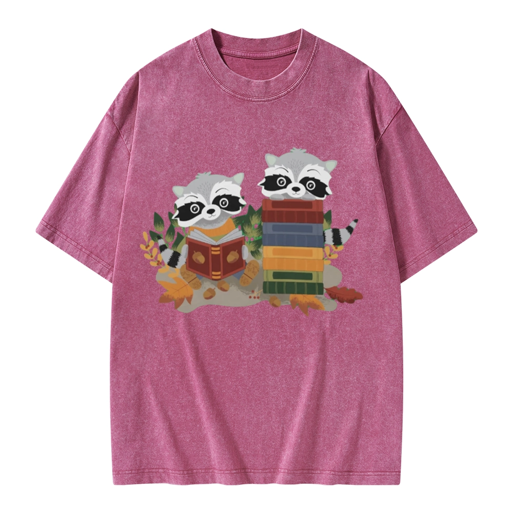 Pagewings Two Raccoons with Books Unisex Washed T-shirt