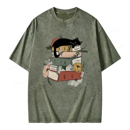 Pagewings Books And Cats Unisex Washed T-shirt