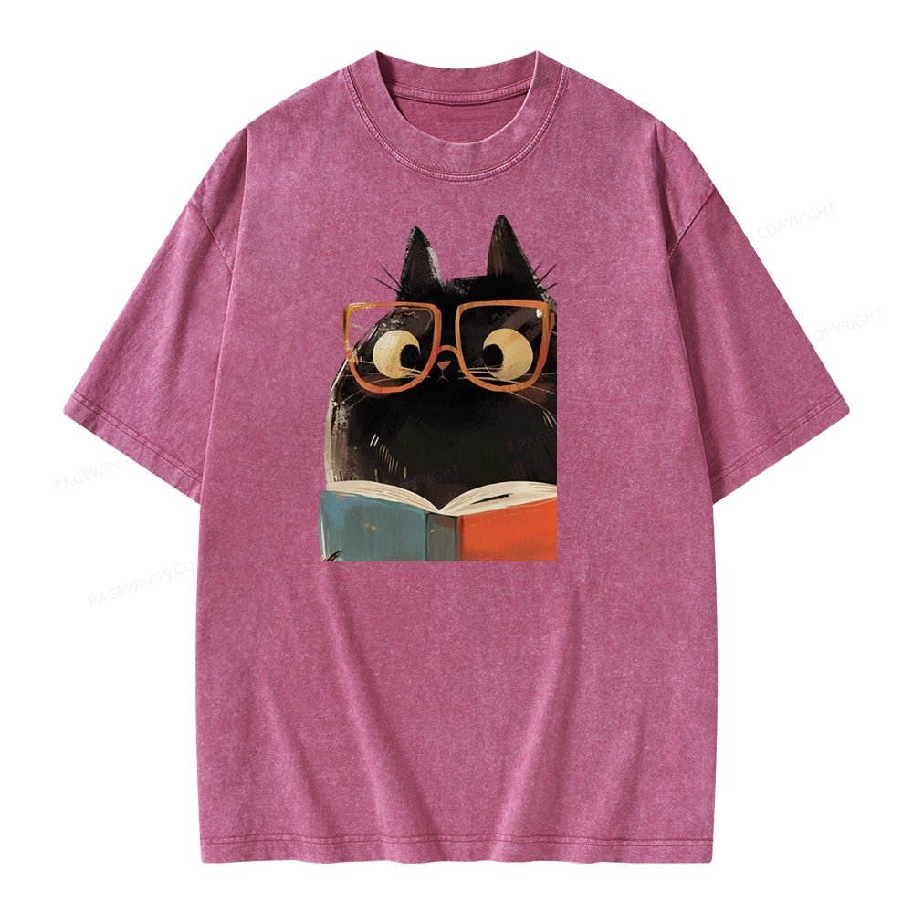Pagewings Cute Cat Reading A Book Unisex Washed T-shirt