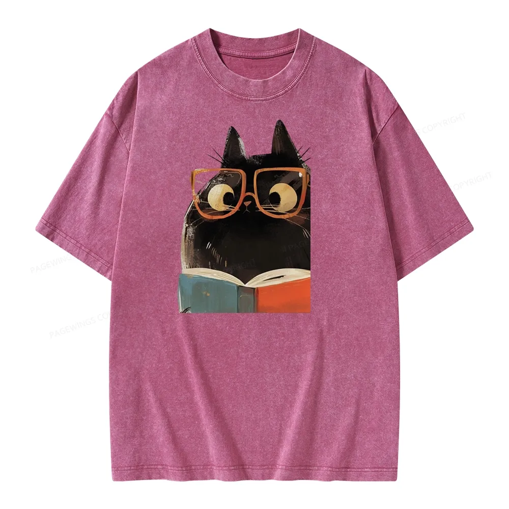 Pagewings Cute Cat Reading A Book Unisex Washed T-shirt