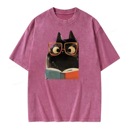 Pagewings Cute Cat Reading A Book Unisex Washed T-shirt