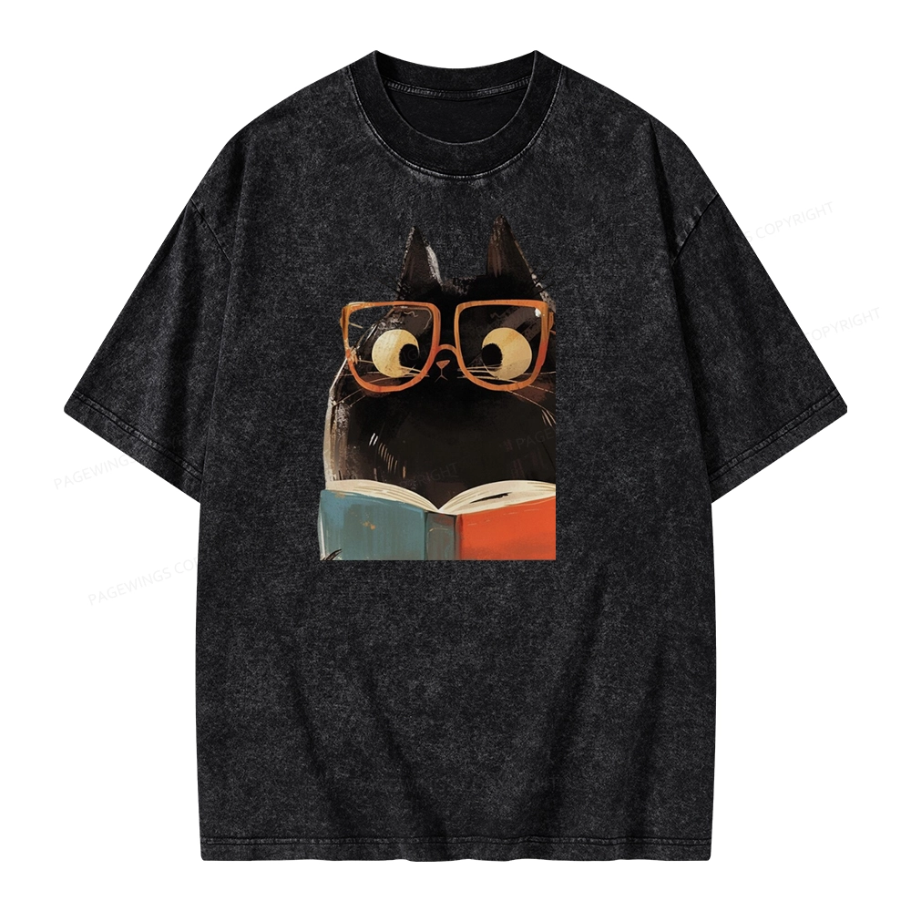 Pagewings Cute Cat Reading A Book Unisex Washed T-shirt