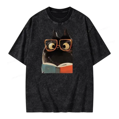 Pagewings Cute Cat Reading A Book Unisex Washed T-shirt