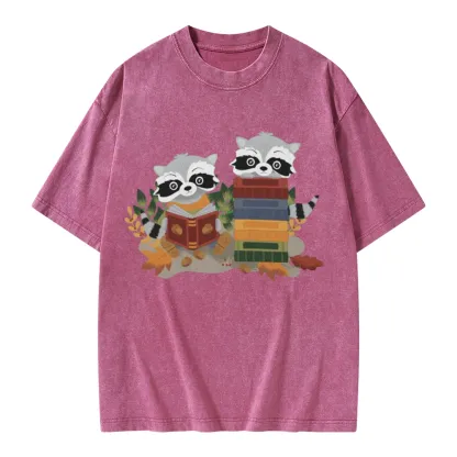 Pagewings Two Raccoons with Books Unisex Washed T-shirt