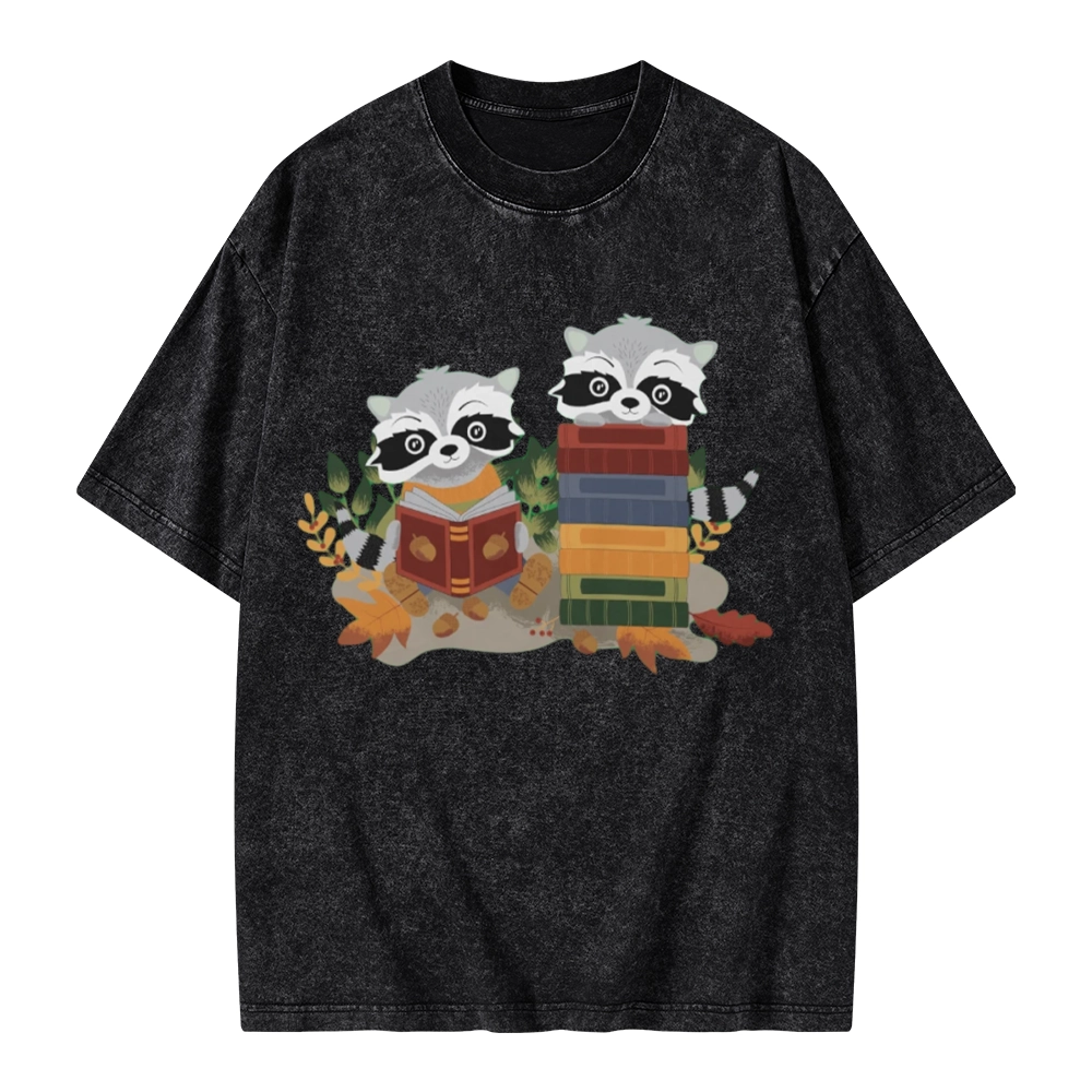 Pagewings Two Raccoons with Books Unisex Washed T-shirt