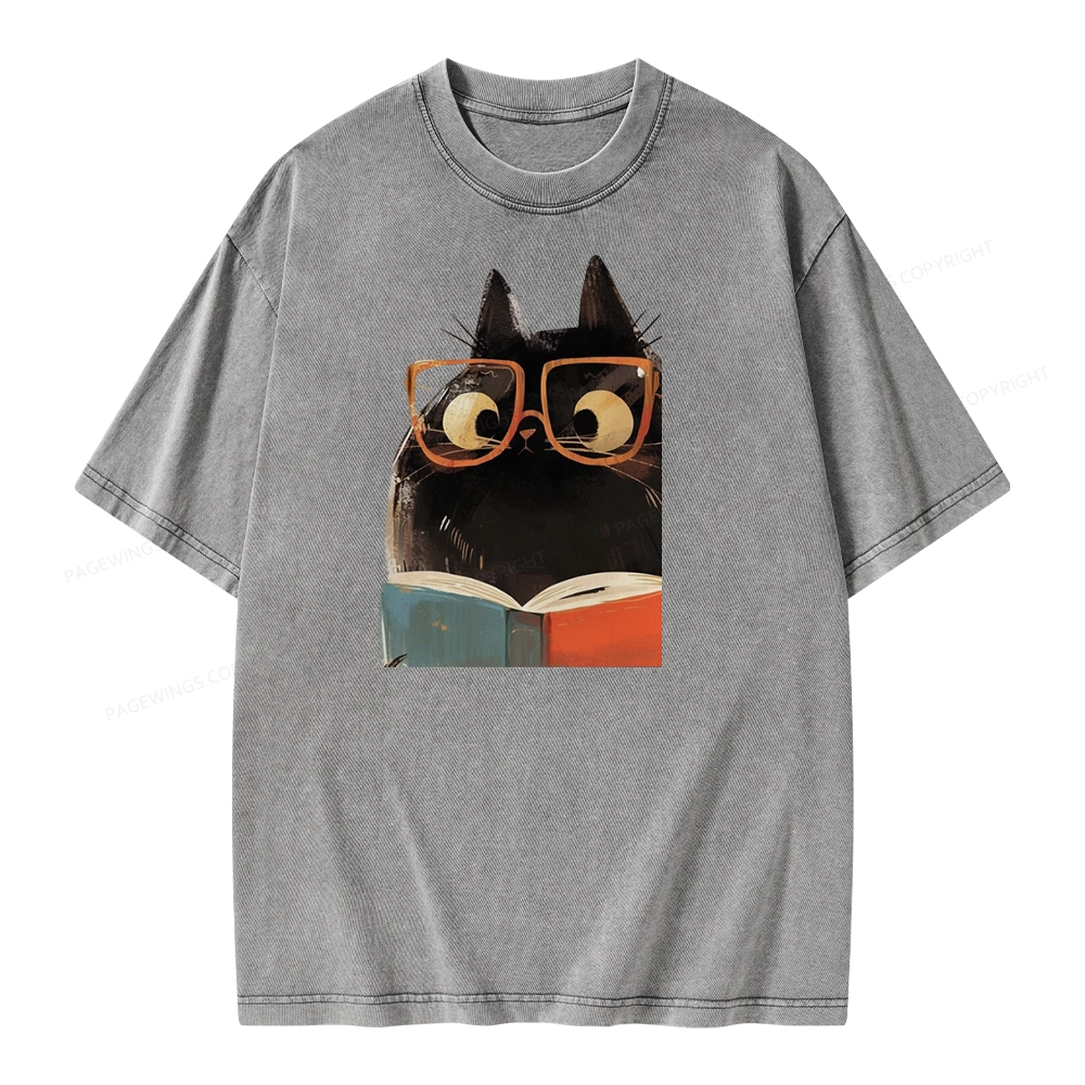 Pagewings Cute Cat Reading A Book Unisex Washed T-shirt