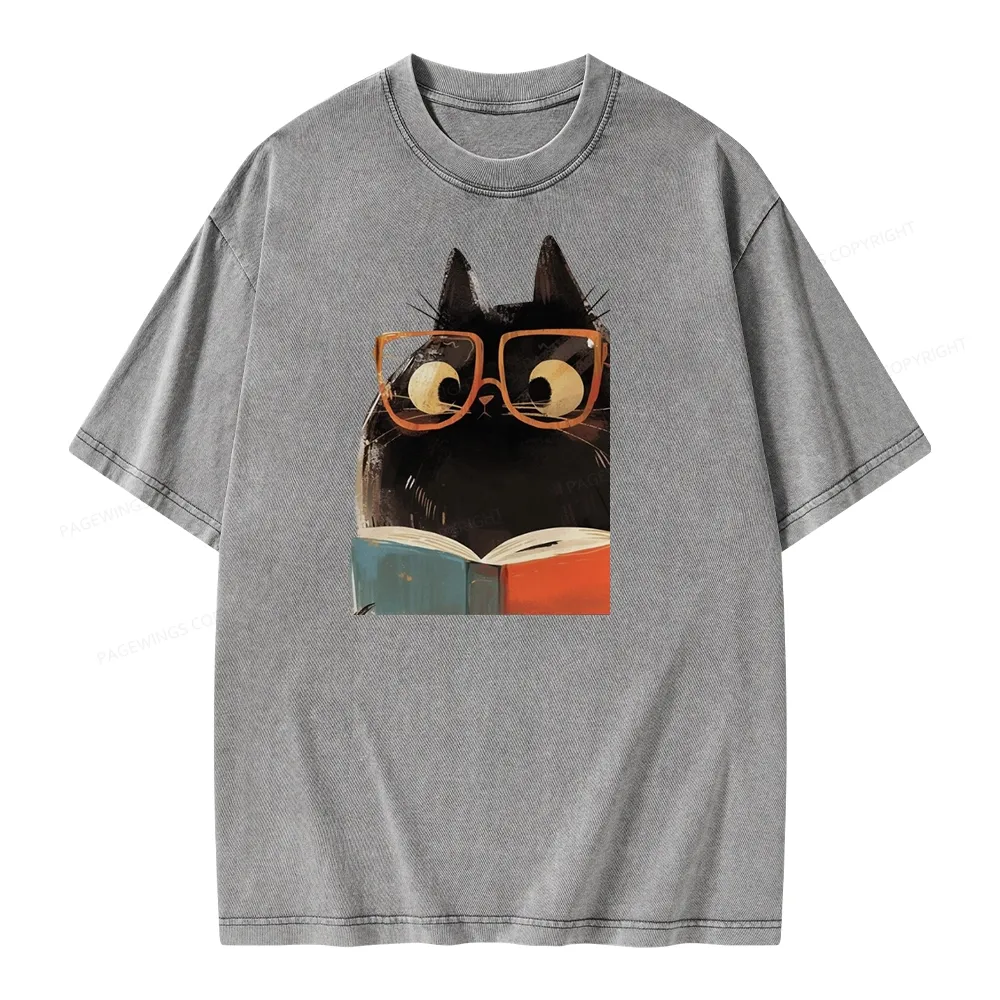 Pagewings Cute Cat Reading A Book Unisex Washed T-shirt