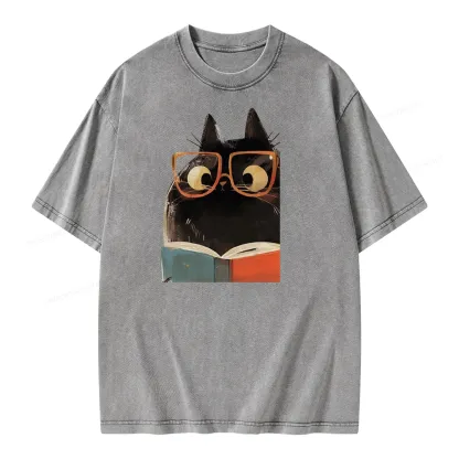 Pagewings Cute Cat Reading A Book Unisex Washed T-shirt
