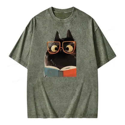Pagewings Cute Cat Reading A Book Unisex Washed T-shirt