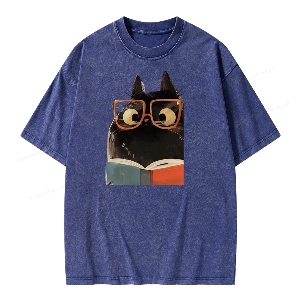 Pagewings Cute Cat Reading A Book Unisex Washed T-shirt