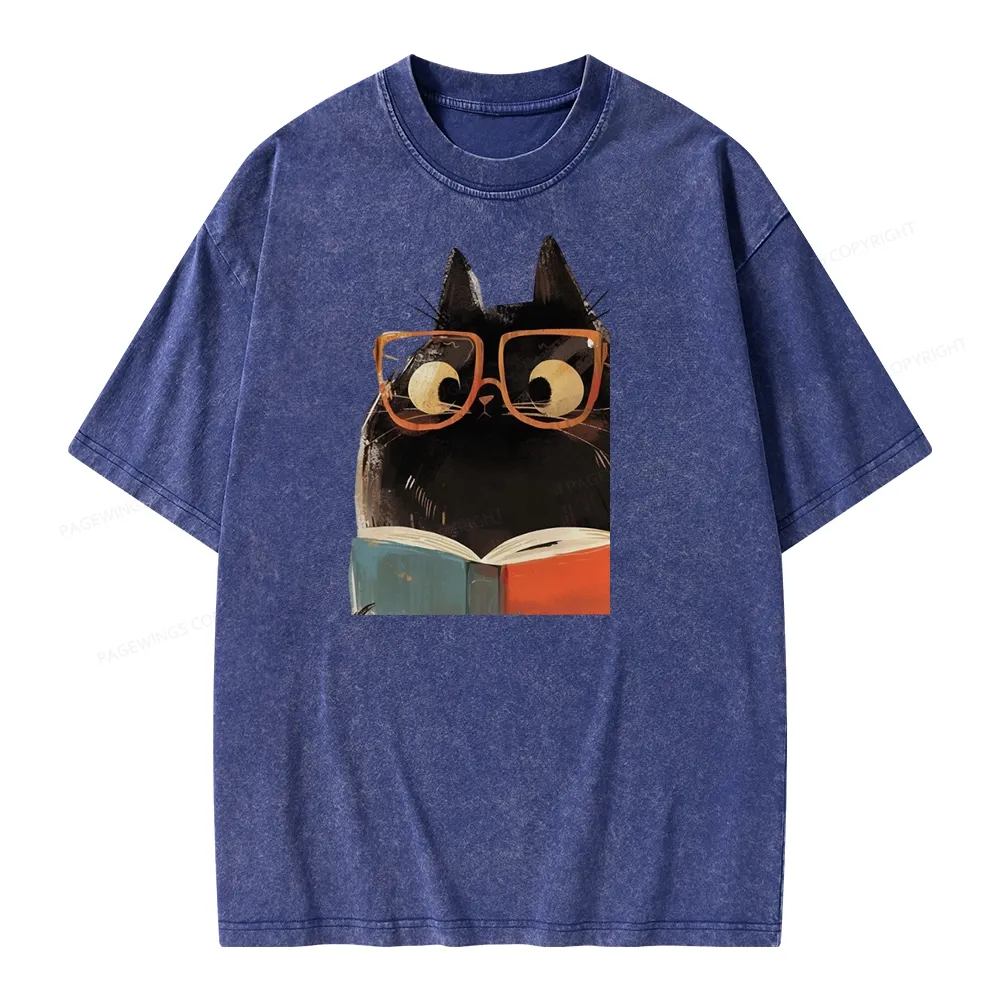 Pagewings Cute Cat Reading A Book Unisex Washed T-shirt