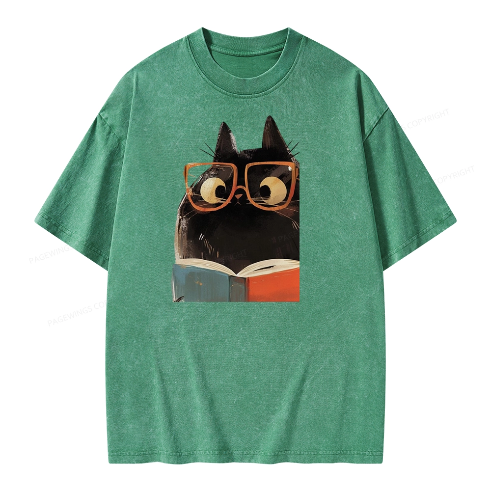 Pagewings Cute Cat Reading A Book Unisex Washed T-shirt