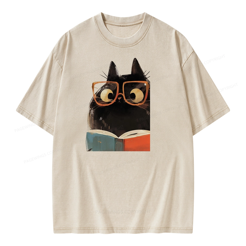 Pagewings Cute Cat Reading A Book Unisex Washed T-shirt