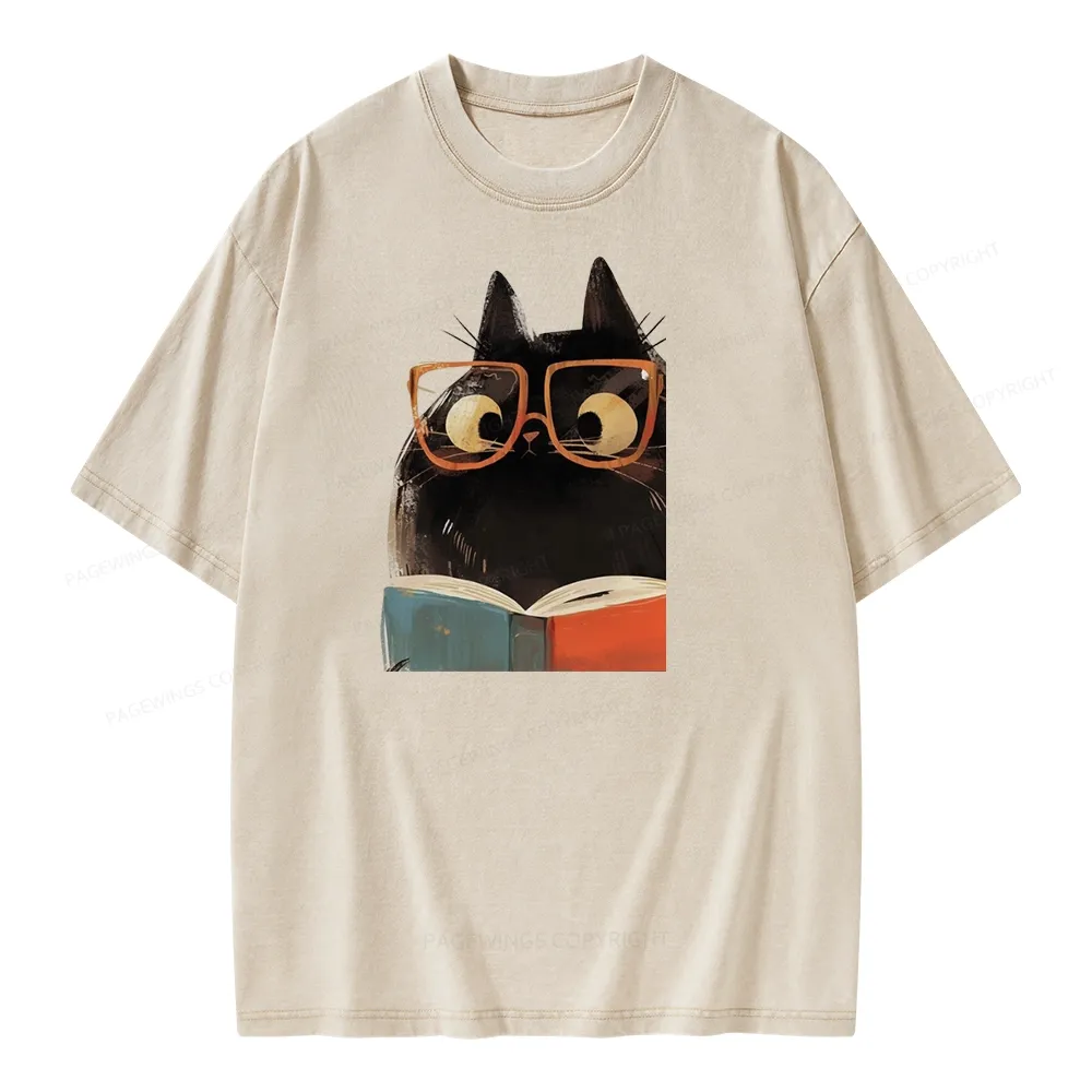 Pagewings Cute Cat Reading A Book Unisex Washed T-shirt