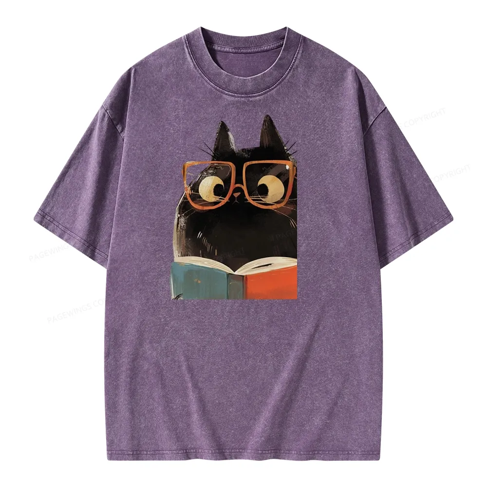 Pagewings Cute Cat Reading A Book Unisex Washed T-shirt