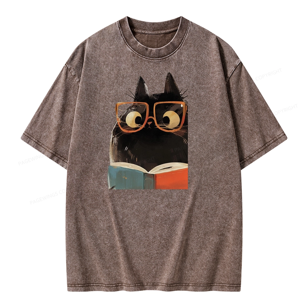 Pagewings Cute Cat Reading A Book Unisex Washed T-shirt