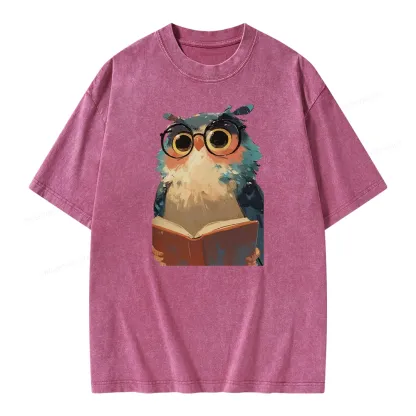 Pagewings Cute Owl Reading A Book Unisex Washed T-shirt