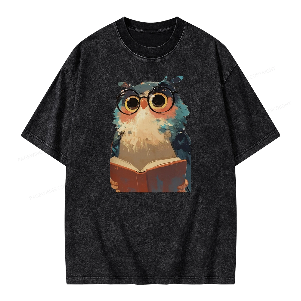 Pagewings Cute Owl Reading A Book Unisex Washed T-shirt