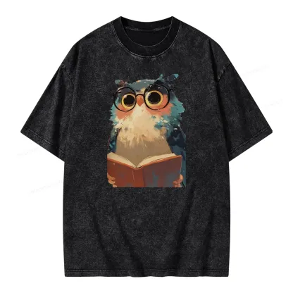 Pagewings Cute Owl Reading A Book Unisex Washed T-shirt