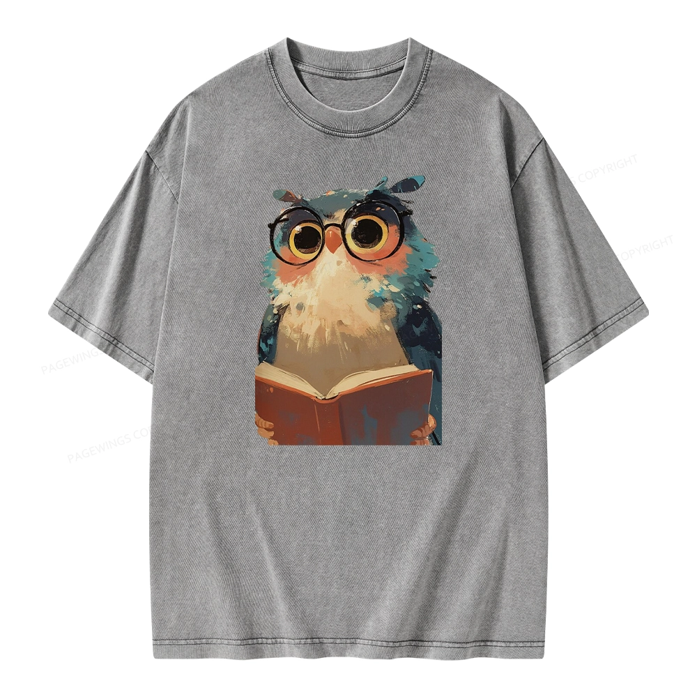 Pagewings Cute Owl Reading A Book Unisex Washed T-shirt