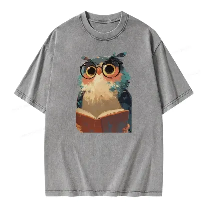 Pagewings Cute Owl Reading A Book Unisex Washed T-shirt