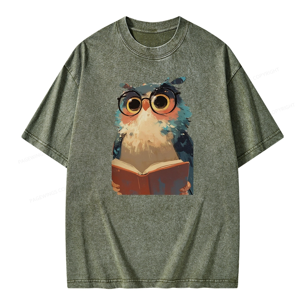 Pagewings Cute Owl Reading A Book Unisex Washed T-shirt