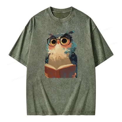 Pagewings Cute Owl Reading A Book Unisex Washed T-shirt