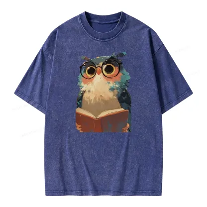 Pagewings Cute Owl Reading A Book Unisex Washed T-shirt
