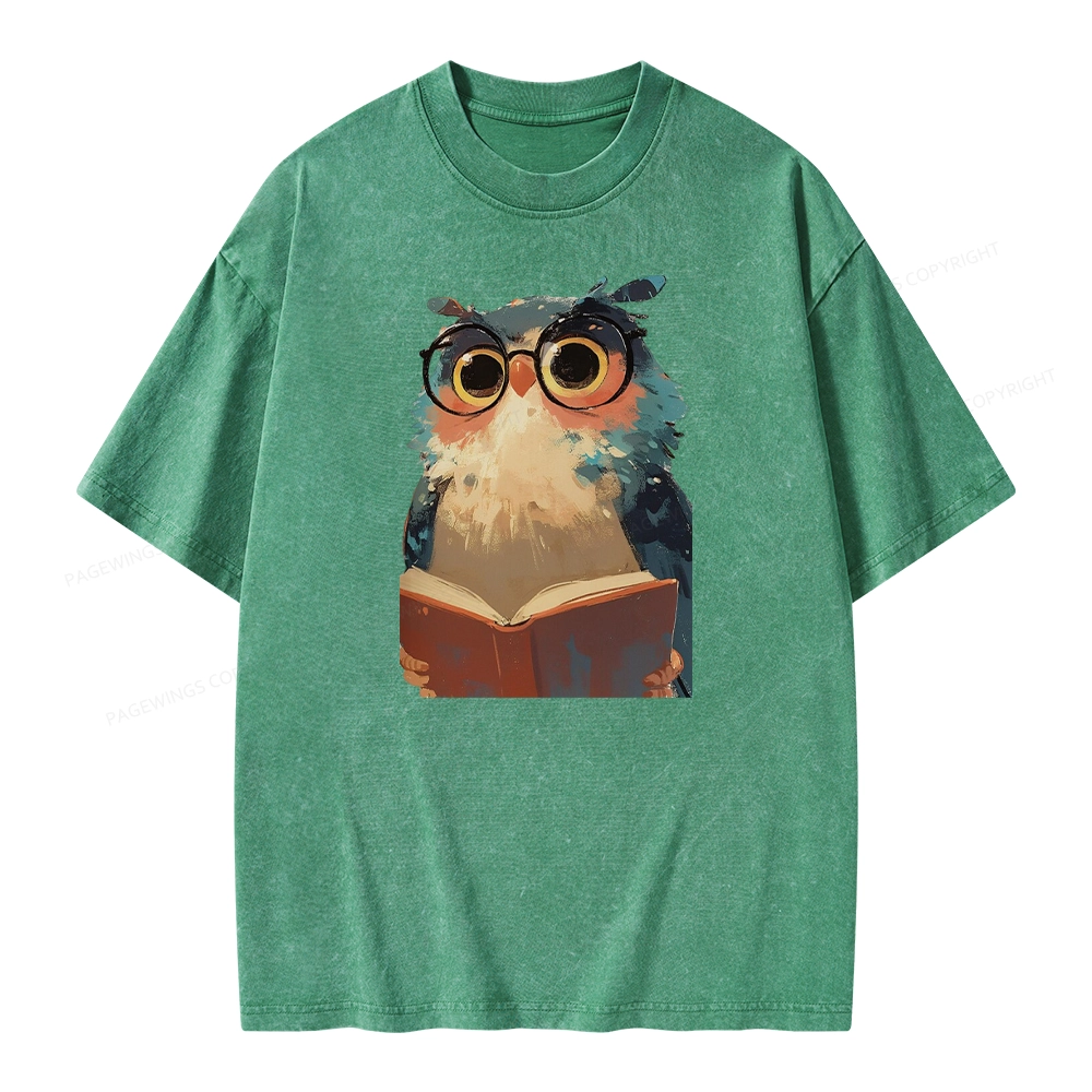 Pagewings Cute Owl Reading A Book Unisex Washed T-shirt
