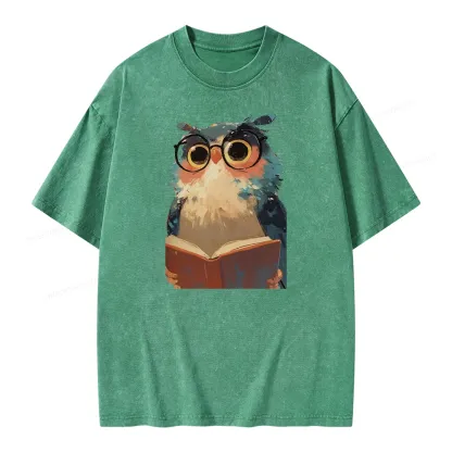 Pagewings Cute Owl Reading A Book Unisex Washed T-shirt