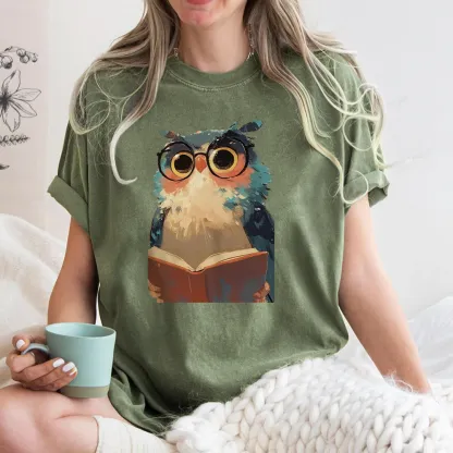 Pagewings Cute Owl Reading A Book Unisex Washed T-shirt