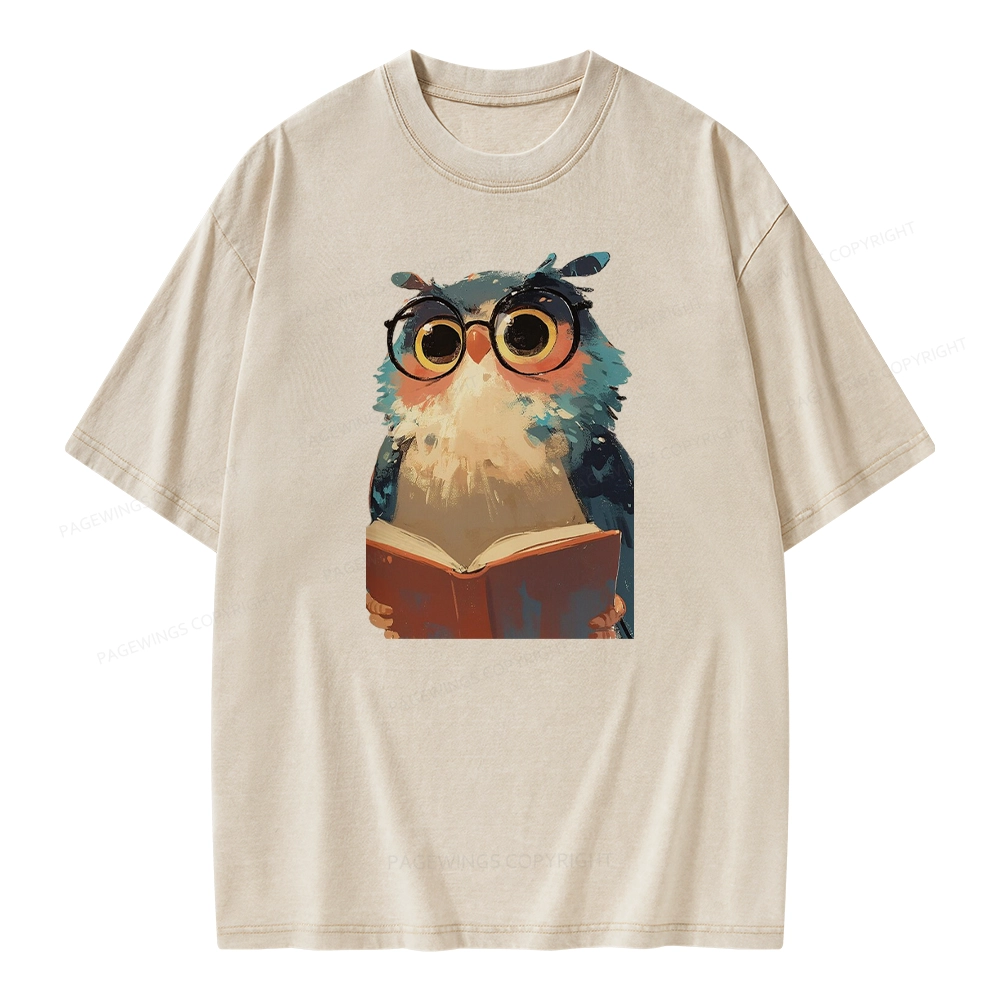 Pagewings Cute Owl Reading A Book Unisex Washed T-shirt